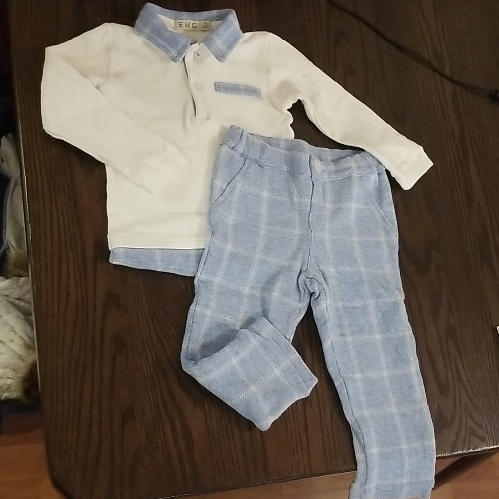 EMC White and Light Blue Plaid Outfit Set. For That Special Occasion. Size 18mth